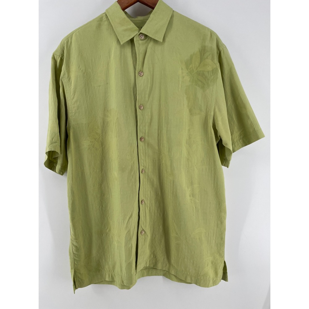 Tommy Bahama Silk Hawaiian Shirt Mens Large Green Tropical Button‎ Front Camp